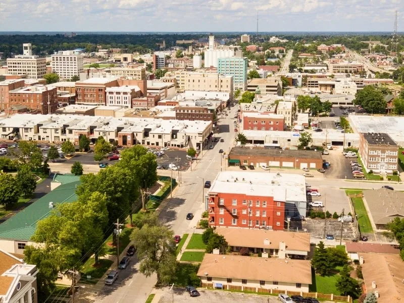 Springfield, Missouri Fence Company Location | VectorFence.com Aerial view of downtown Springfield, Missouri representing Vector Fence’s Springfield fence company location